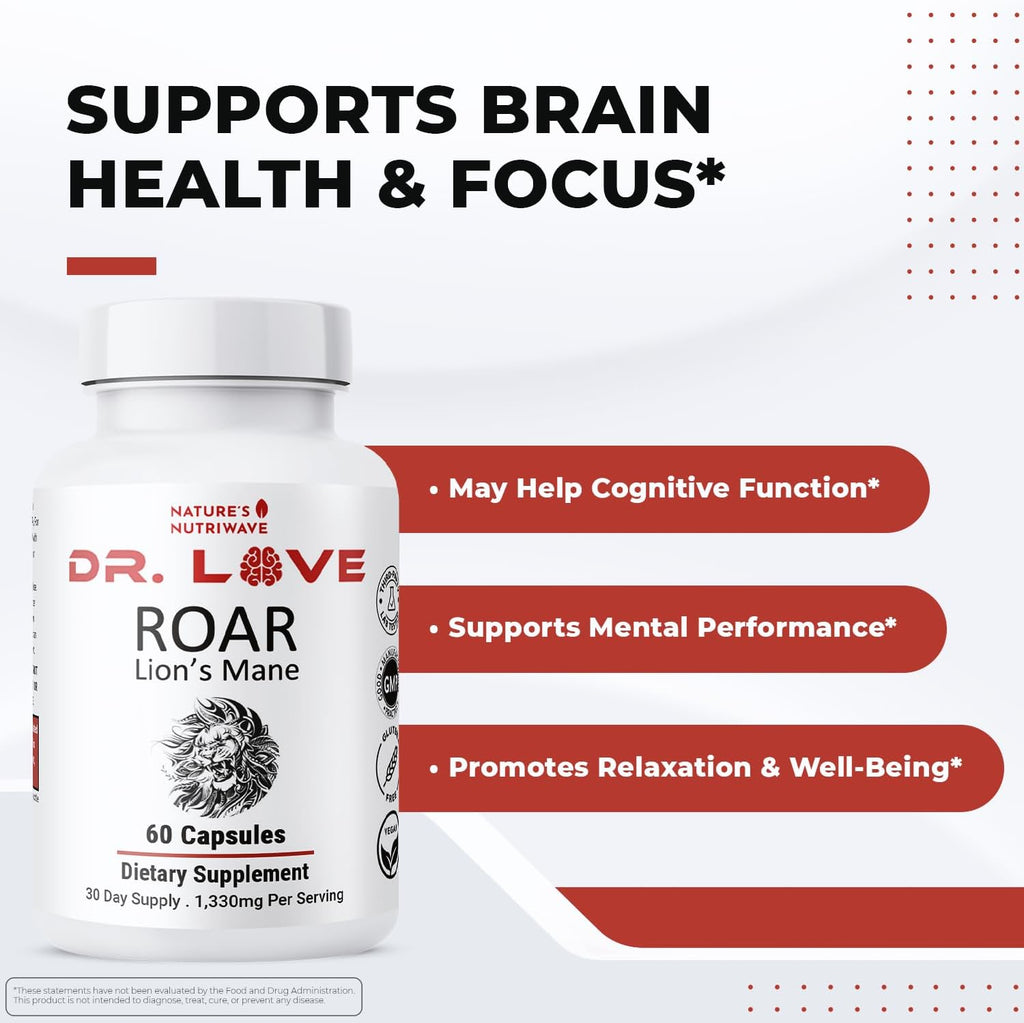 Dr. Love Roar Lion’s Mane Mushroom Supplement – Plant-Based Formula with Cordyceps, Reishi & Shiitake – Vegan, Gluten-Free, GMP Certified, Made in USA – 60 Capsules, 4 Month Supply