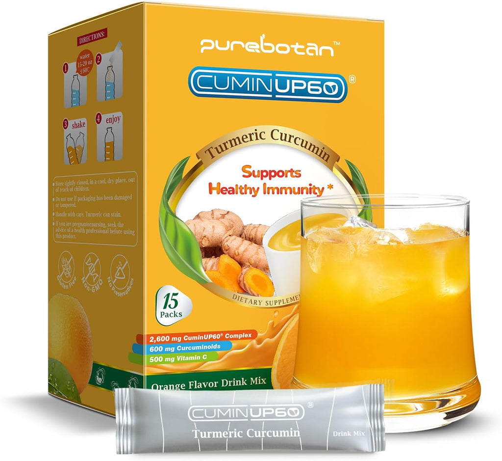Turmeric Curcumin Drink Powder, Turmeric Immunity Shots with Vitamin C, Orange Flavor Instant Drink Mix Packets, High Absorption Curcumin Complex CuminUP60, Immune & Joint Support Supplement