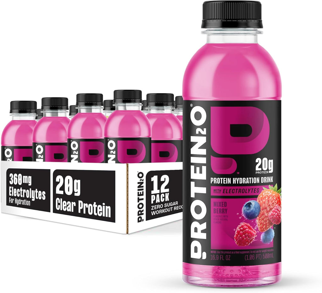 Protein2o Hydration Drink - 2-in-1 Liquid Clear Whey Protein Isolate and Electrolyte Drink - 20g Protein, Vitamins B5, B6 - Post-Workout Recovery - 16.9 Fl Oz - 12 Count Mixed Berry