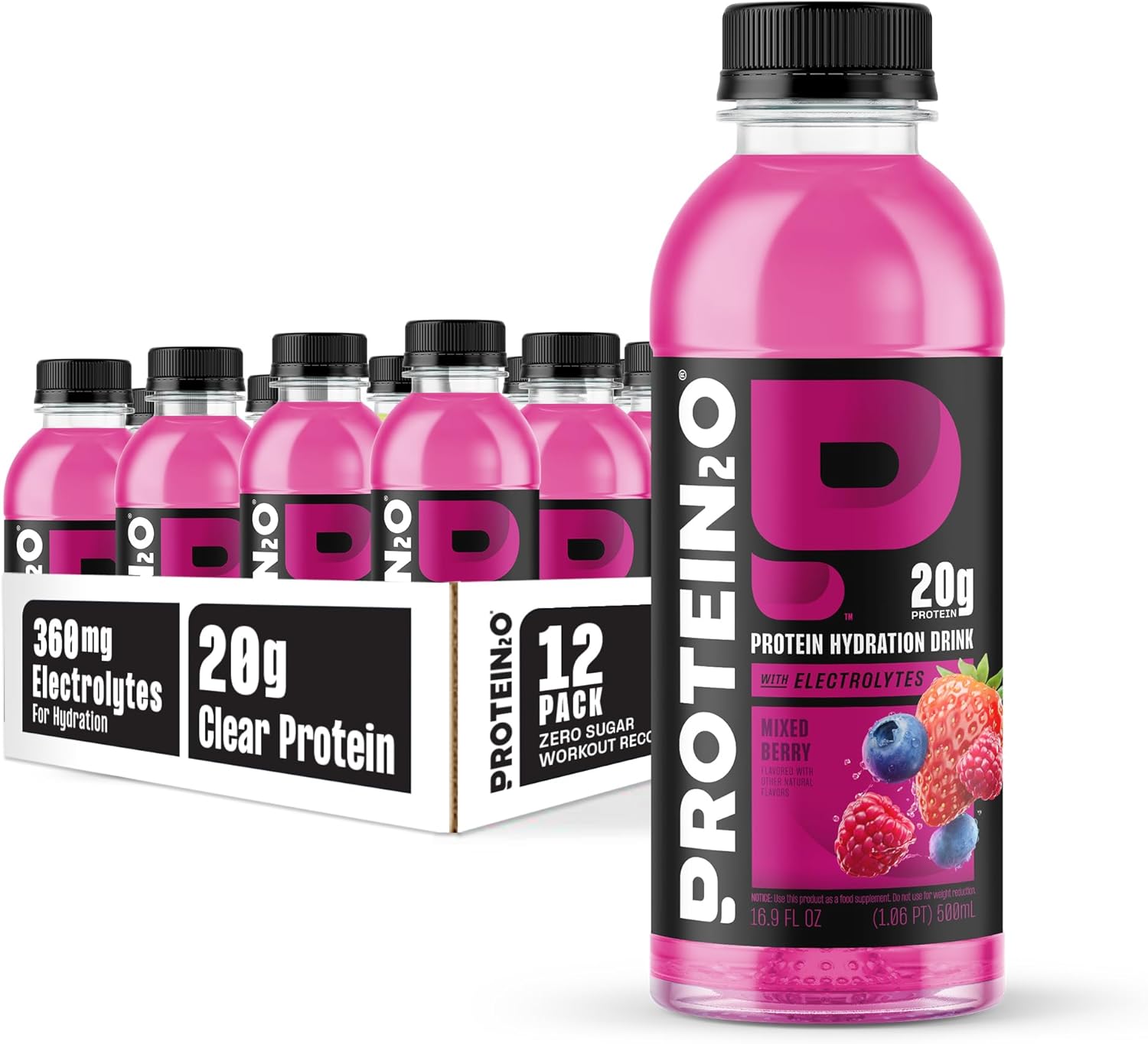 Protein2o Hydration Drink - 2-in-1 Liquid Clear Whey Protein Isolate and Electrolyte Drink - 20g Protein, Vitamins B5, B6 - Post-Workout Recovery - 16.9 Fl Oz - 12 Count Mixed Berry