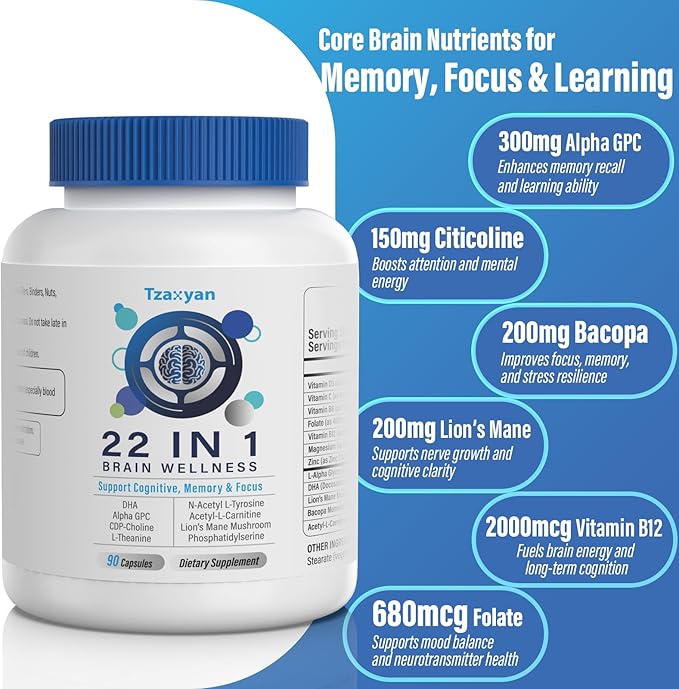 Brain Supplements for Memory and Focus, Clarity & Cognitive Improvement, 300mg Alpha GPC, CDP-Choline, DHA, Lion’s Mane, L-Theanine, Vitamin & Phosphatidylserine for Men & Women, 90 Capsules, 2PACK
