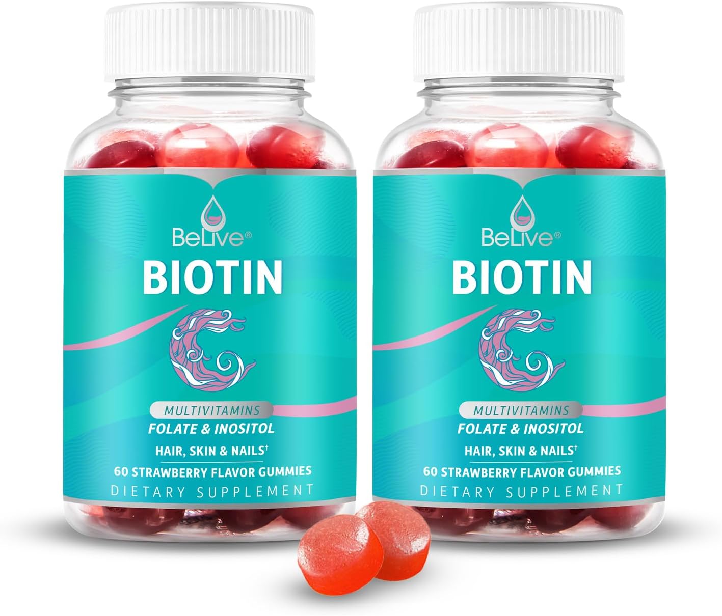 BeLive Biotin Gummies with MultiVitamins, Folate, Inositol – Supports Hair Growth, Healthy Skin & Nails – Vegan, Pectin Based – Strawberry Flavor (2)