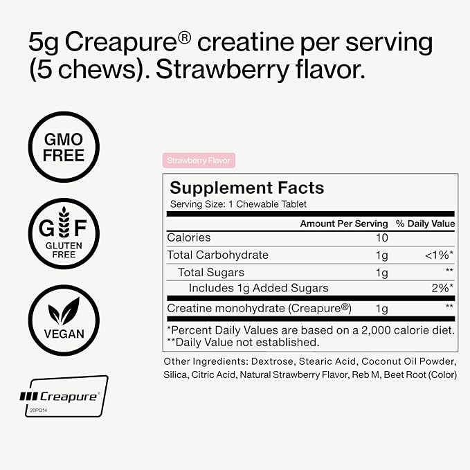 Momentous Creatine Chews - Creapure Creatine Monohydrate - Supports Strength, Lean Muscle, & Recovery for Men & Women - NSF Certified for Sport - 150 Chewable Tablets - Strawberry