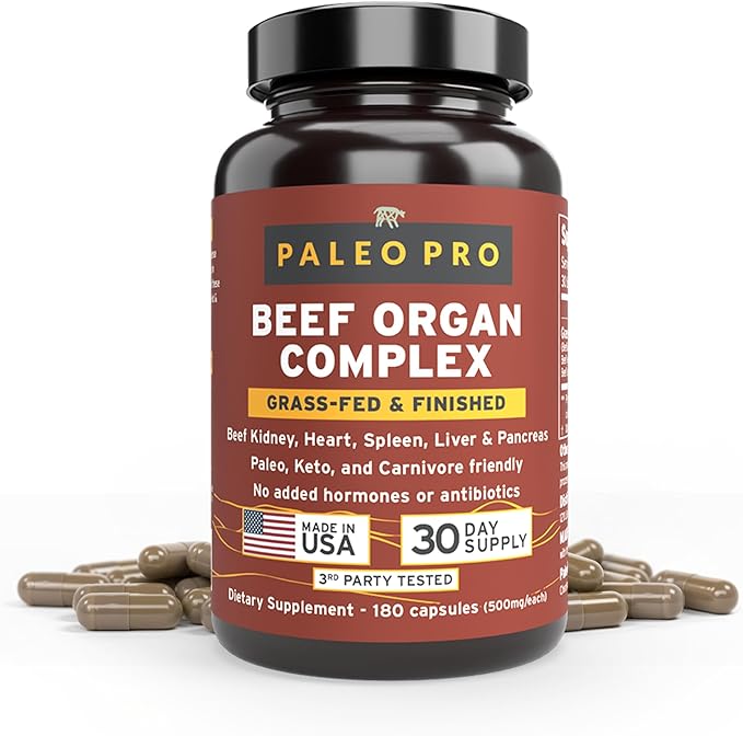 Paleo Pro O.G. Blend Premium Beef Organs Capsules, Kidney, Heart, Liver, Spleen and Pancreas from Grass Fed & Pastured Cows, Dietary Supplement, No GMO, 180 Capsules (Beef Organ Complex)