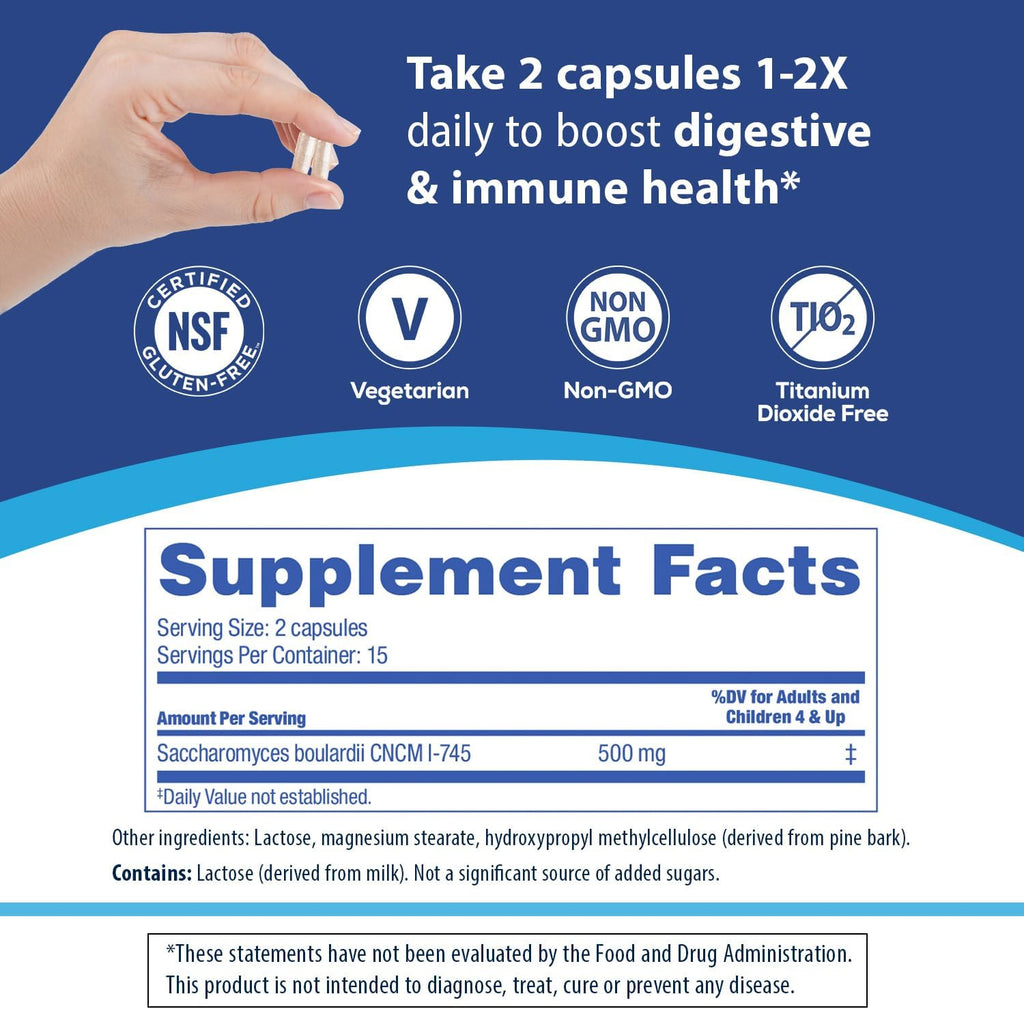 Florastor Probiotics for Digestive and Immune Health, 30 Capsules, Probiotics for Women & Men, Helps Flush Out Bad Bacteria, Boosts The Good with Our Unique Strain Saccharomyces Boulardii