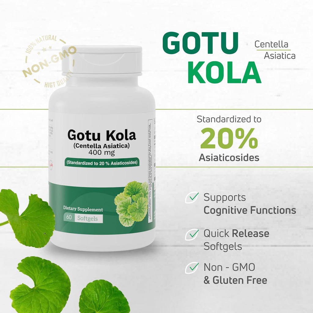 Gotu Kola 400mg – Standardized Centella Asiatica Extract with 20% Asiaticosides – Promotes Cognitive Support, Brain Health & Focus – 60 Softgels – Non-GMO, Gluten-Free Formula