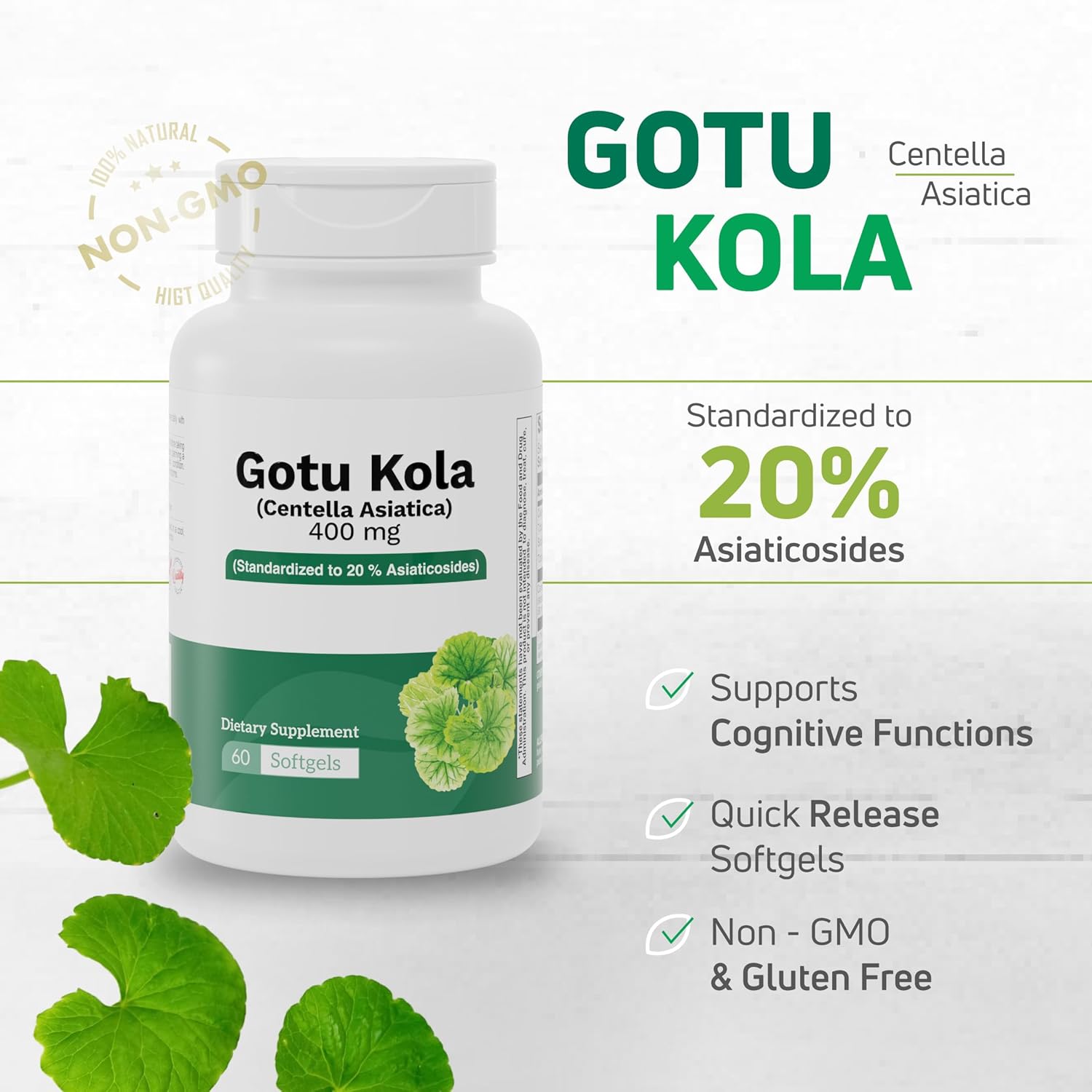 Gotu Kola 400mg – Standardized Centella Asiatica Extract with 20% Asiaticosides – Promotes Cognitive Support, Brain Health & Focus – 60 Softgels – Non-GMO, Gluten-Free Formula
