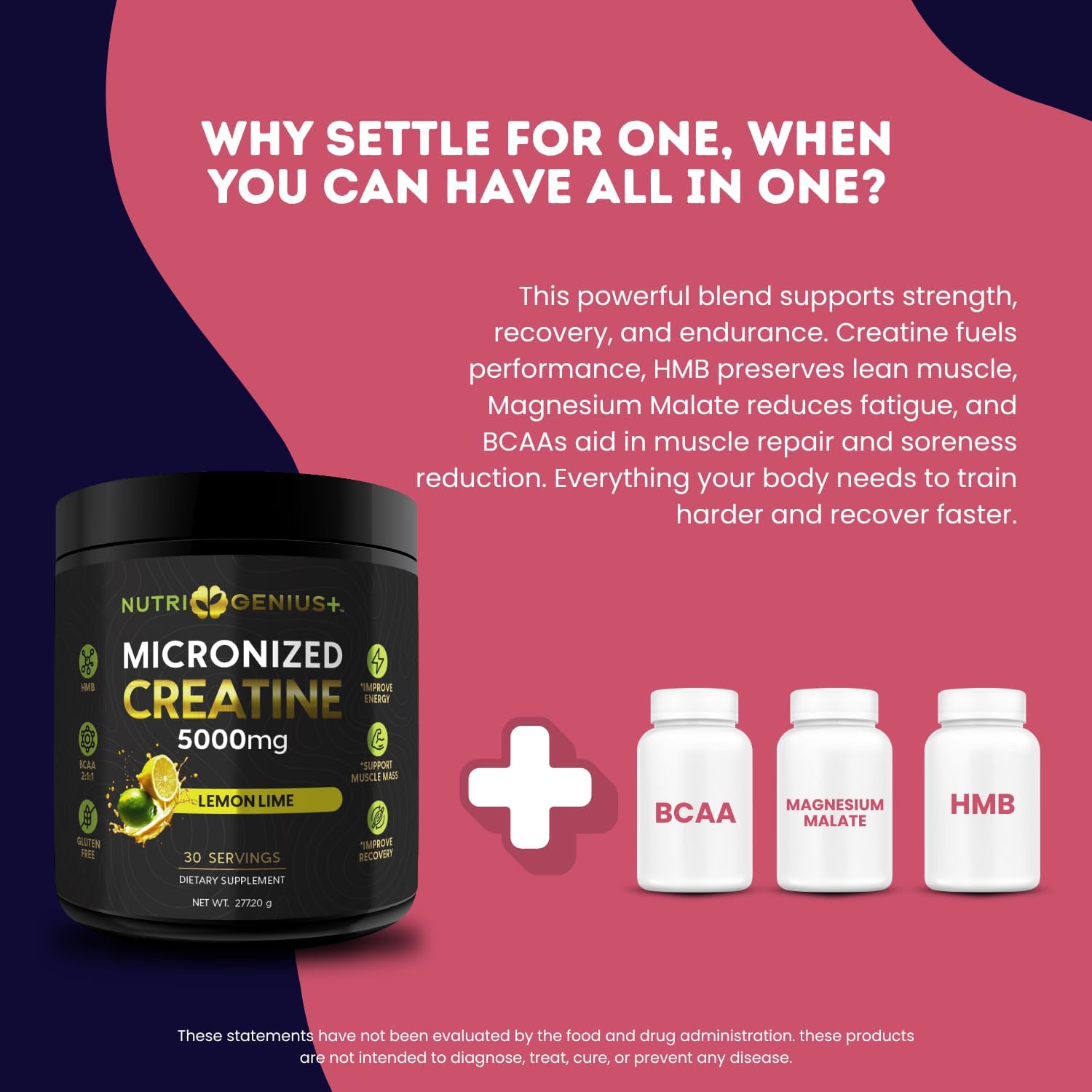 Micronized Creatine Powder with BCAAs + HMB for Muscle Growth, Strength & Recovery | Lemon Lime Flavor | 30 Servings