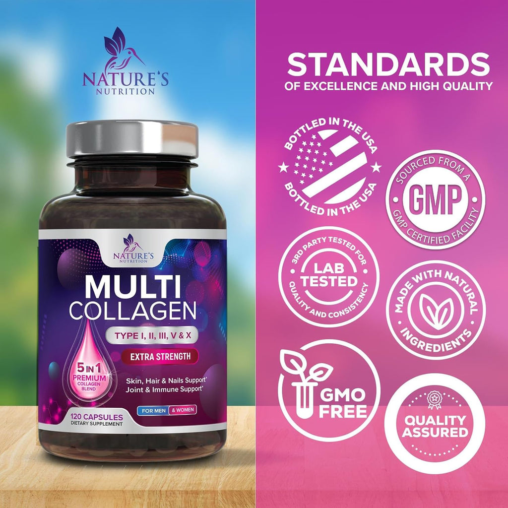 Multi Collagen Supplement 2400 mg - Types I, II, III, V & X Multi Collagen Peptides Pills for Women & Men, Hydrolyzed Collagen Supplements, Hair, Skin, Nail, & Joint Support Supplement - 120 Capsules