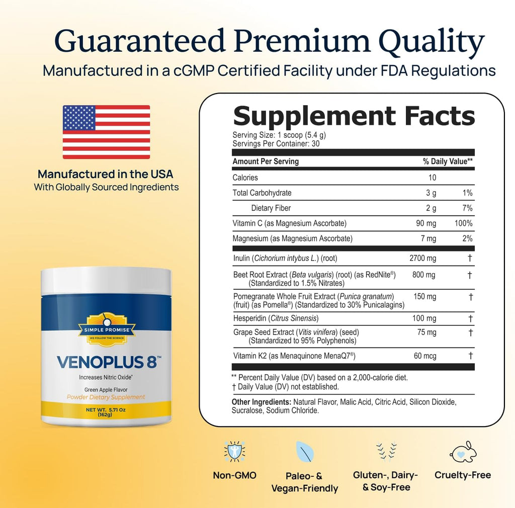 VenoPlus 8 - Beet Root Powder Nitric Oxide Booster Supplement for Men & Women - Supports Healthy Blood Flow for Heart & Energy - Pomegranate, Vitamin K2, Antioxidants & Prebiotic Fiber - 30 Servings
