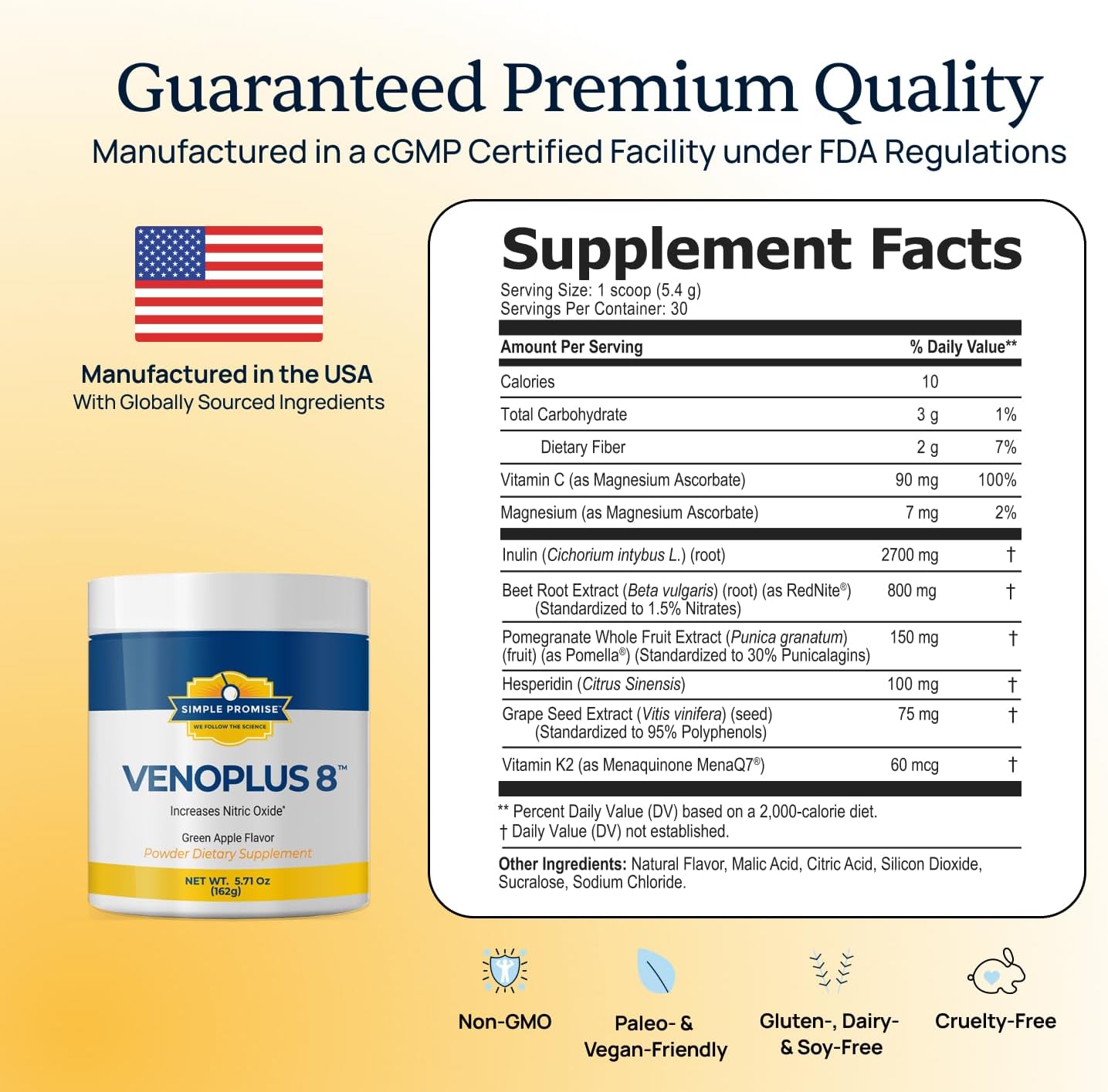 VenoPlus 8 - Beet Root Powder Nitric Oxide Booster Supplement for Men & Women - Supports Healthy Blood Flow for Heart & Energy - Pomegranate, Vitamin K2, Antioxidants & Prebiotic Fiber - 30 Servings