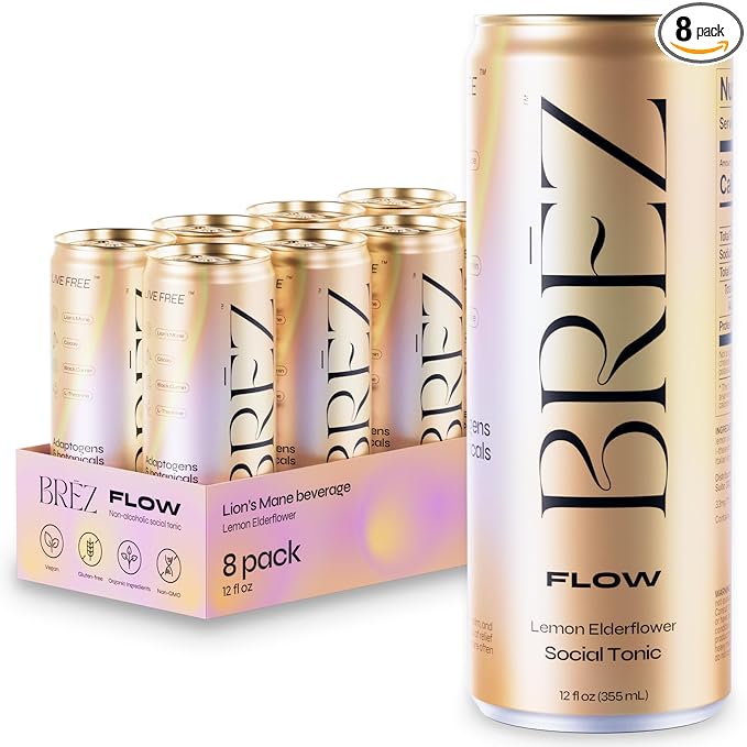 BRĒZ FLOW Lion’s Mane Mushroom Drink 8 Pack, Lemon Elderflower, Supports Mood & Focus, Non-Alcoholic Sparkling Adaptogen Drink, Functional Mushrooms, Feel Clear, Calm & Refreshed- 12 Fl oz Cans