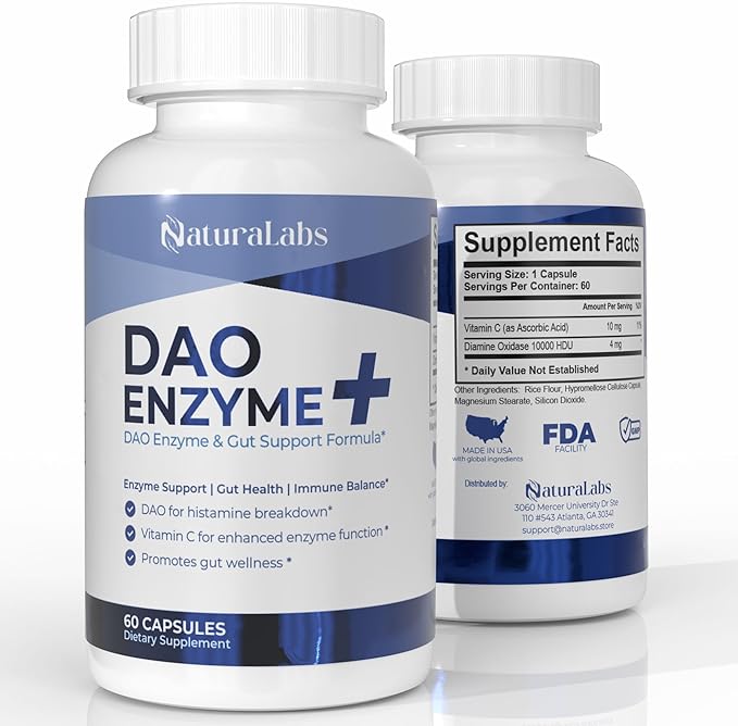 DAO Supplements Histamine Blocker – DAO Enzyme + Diamine Oxidase & Vitamin C for Gut Health & Food Support – 60 Servings - 1 Capsule Before Meals for Histamine Intolerance