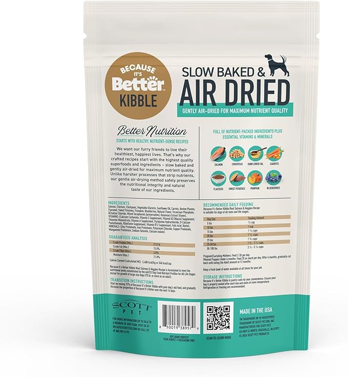 Because It's Better Slow Baked and Air Dried Dog Food, Real Salmon and Veggies, 1lb Bag, Complete and Balanced Dry Dog Food, for All Life Stages