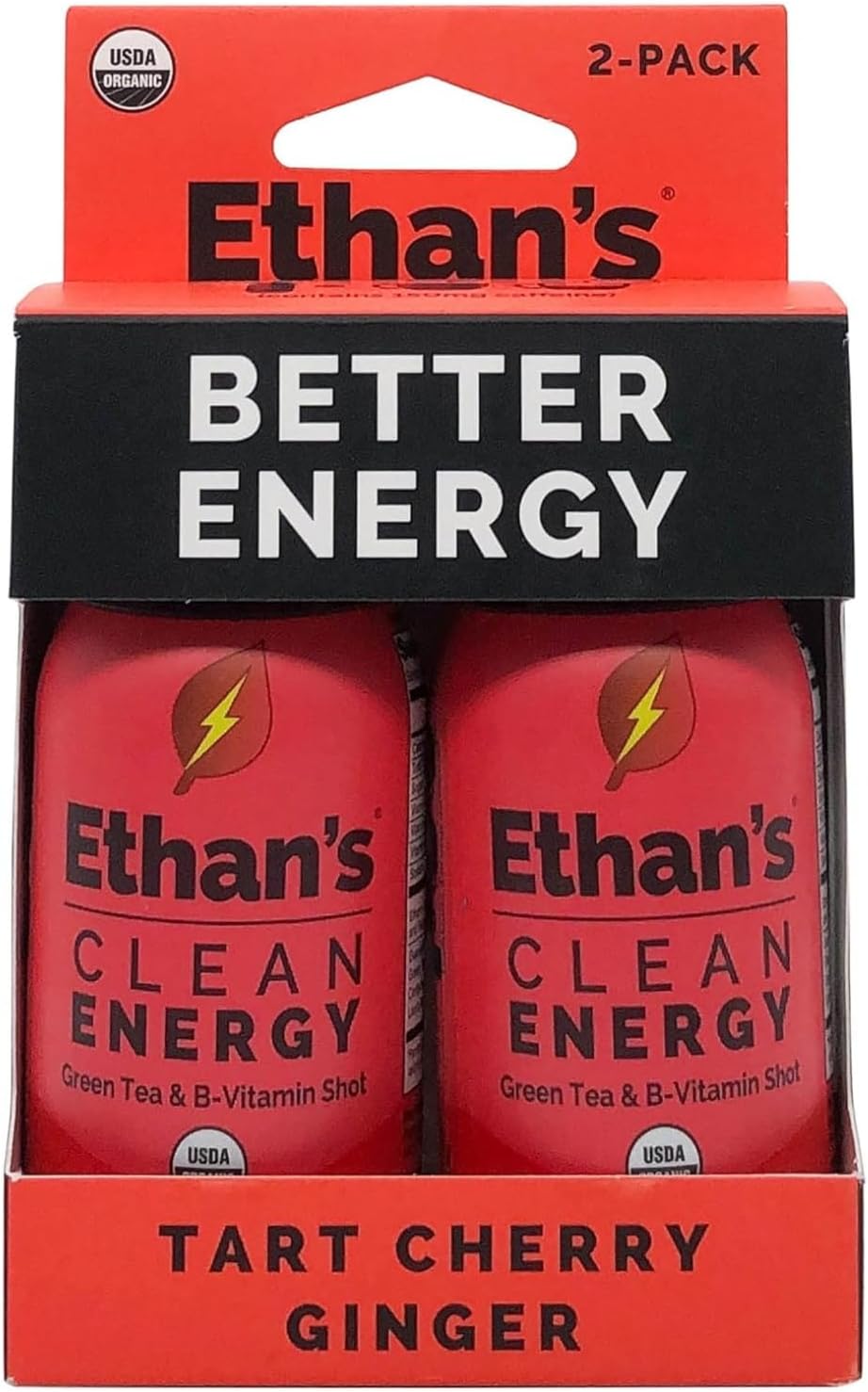 Ethan's Organic Clean Energy Shots Tart Cherry, Sugar Free Natural Pre-Workout Focus Boost, Gluten Free, Vegan, B6 & B12 Vitamin C with Green Tea Extract and Guayusa (2 Pack of 2oz Shots)
