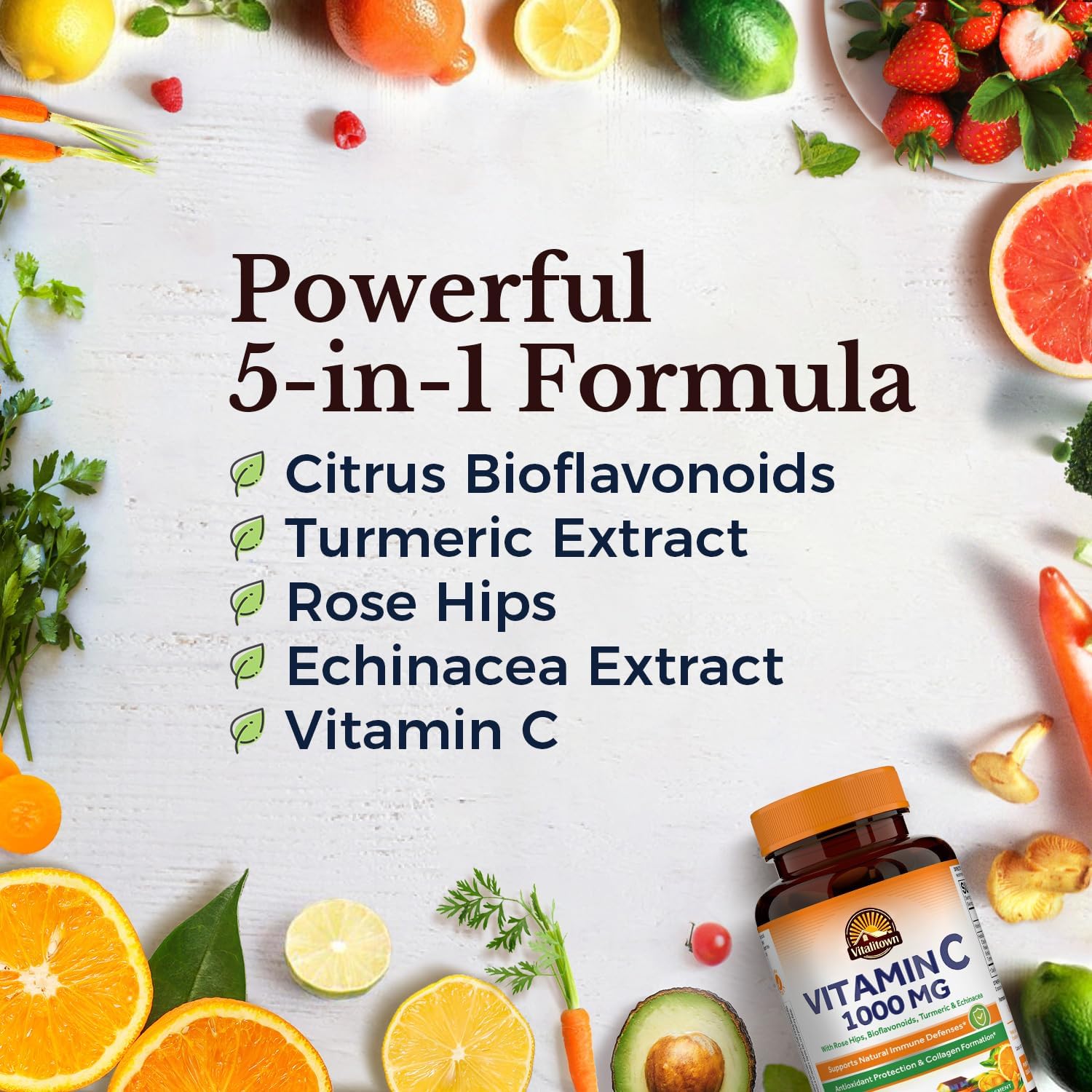 Vitalitown Vitamin C Complex 1000mg with Rose HIPS, Bioflavonoids, Turmeric & Echinacea, Daily Immune Support, Collagen Booster & Powerful Antioxidant, Vegan, 120 Tablets