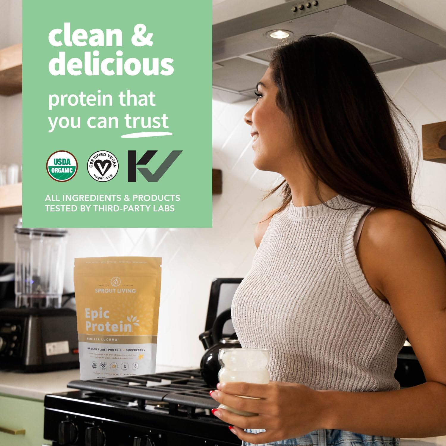 Sprout Living Epic Protein, Plant Based Protein & Superfoods Powder, Vanilla Lucuma Powder | 20 Grams Organic Protein Powder, Vegan, Non Dairy, Non-GMO, Gluten Free, Low Sugar (2 Pound, 24 Servings)
