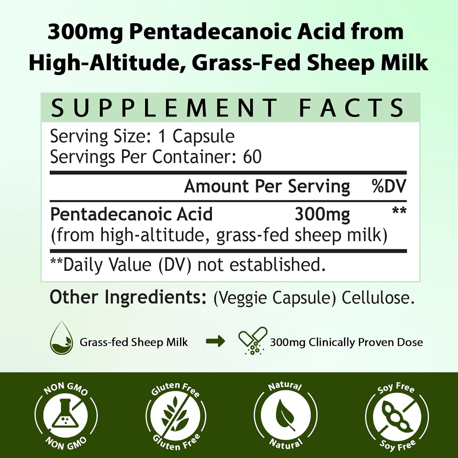 Pentadecanoic Acid | 300mg High-Altitude Sheep Milk Sourced | 60 Capsules