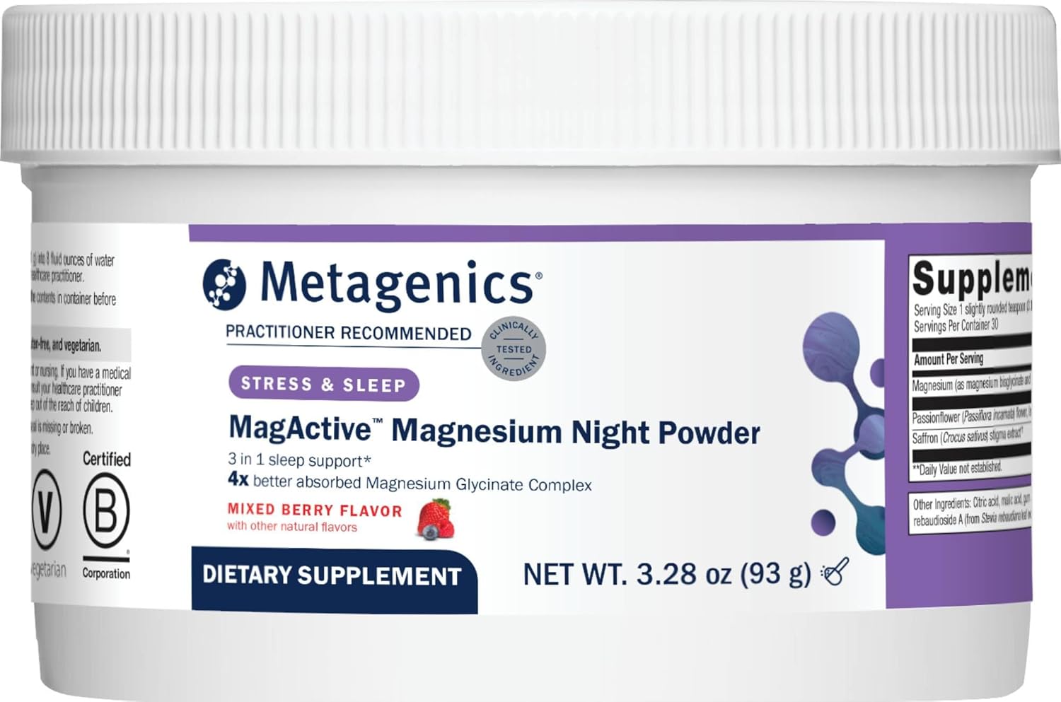 Metagenics MagActive Magnesium Night Powder - Sleep Support Supplement - Aids Healthy Sleep-Wake Cycle - Contains Magnesium, Passionflower & Saffron - Melatonin Free - 93 g, Mixed Berry Flavor