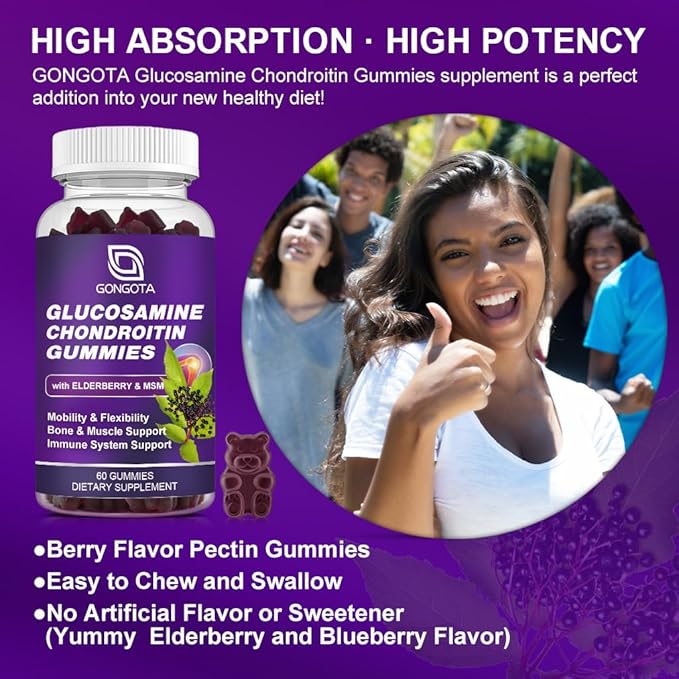 Glucosamine Chondroitin Gummies - 2- Pack, Extra Strength 1500mg Glucosamine with MSM & Elderberry, Flexibility Support, Best Cartilage & Immune Support Supplement for Men and Women - 120 count