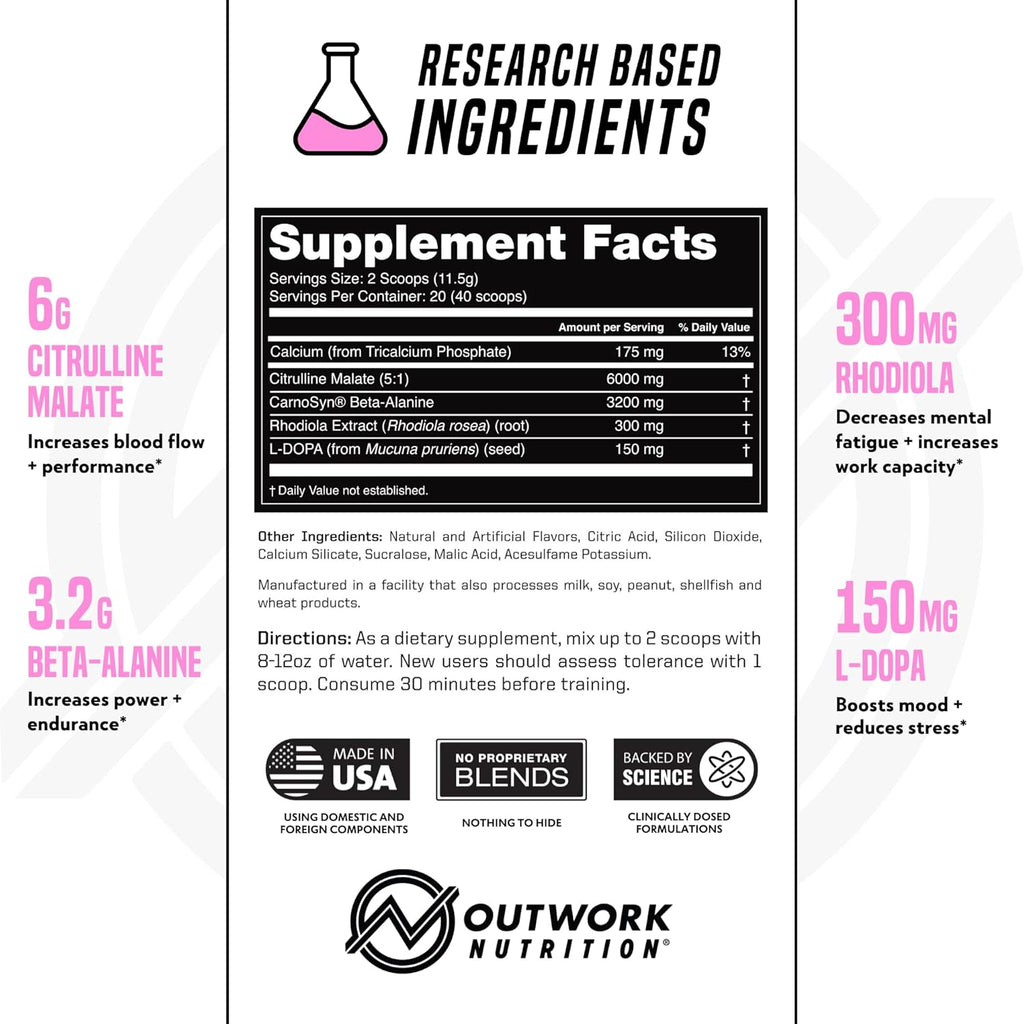 Outwork Nutrition Non-Stim Pre Workout Powder - Citrulline Malate, Beta-Alanine, Rhodiola Extract for Performance, Focus & Energy Boost - Preworkout for Men, Women (Caffeine Free, Strawberry Lemonade)