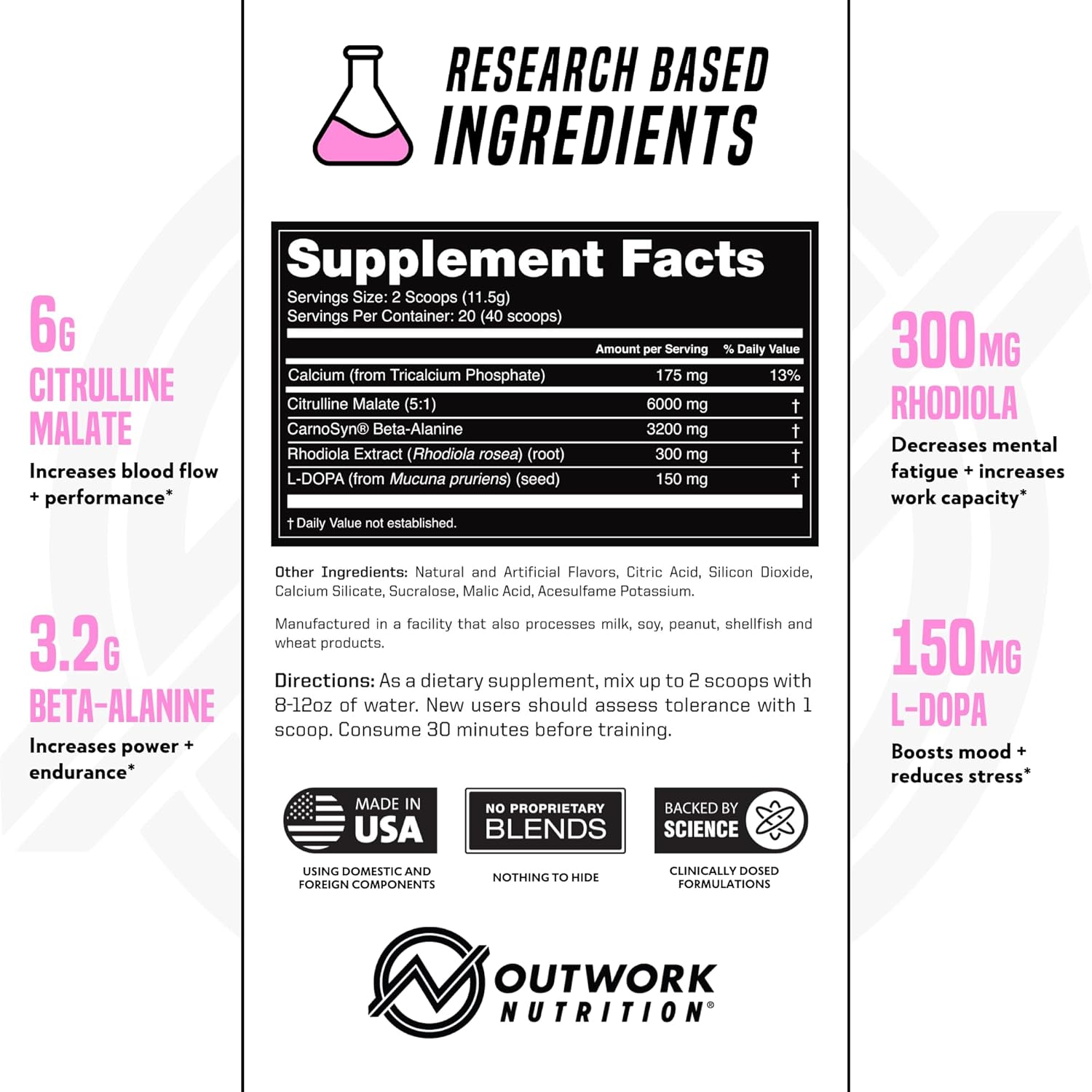 Outwork Nutrition Non-Stim Pre Workout Powder - Citrulline Malate, Beta-Alanine, Rhodiola Extract for Performance, Focus & Energy Boost - Preworkout for Men, Women (Caffeine Free, Strawberry Lemonade)