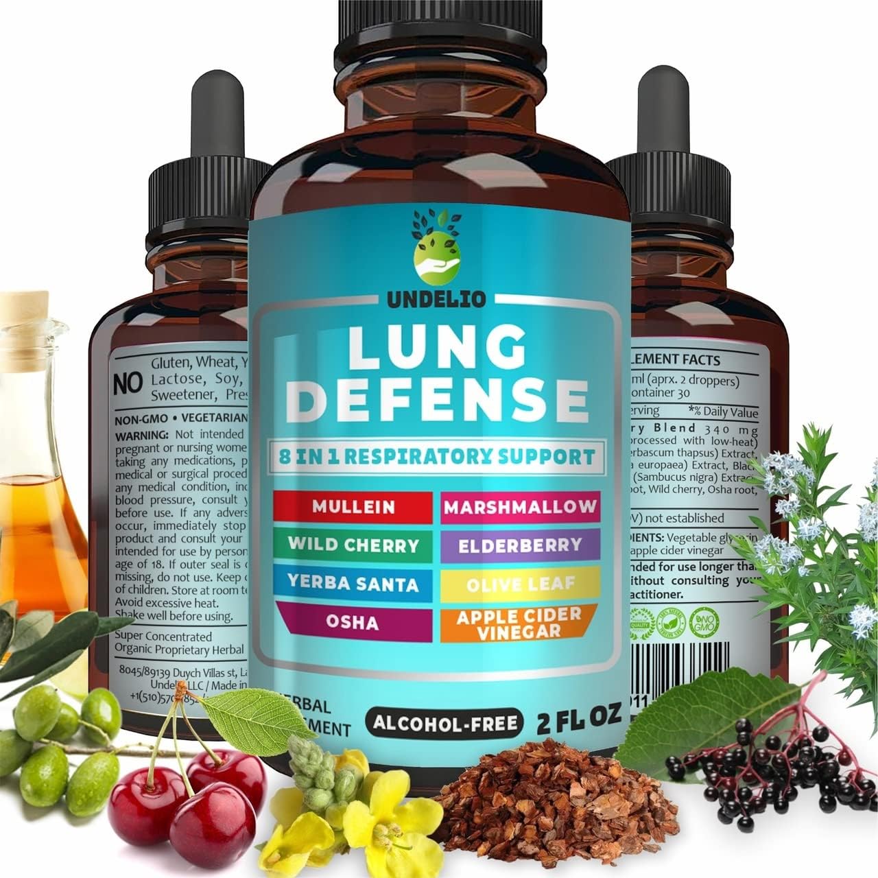 8 in 1 Lung Defense Herbal Extract, Blend (Mullein-Marshmallow-OSHA-Wild Cherry-Elderberry-Yerba Santa-Olive Leaf-ACV) Lung Cleanse, Respiratory & Immune System Support. Liquid Supplement 2 OZ