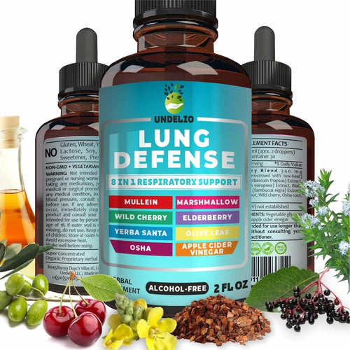 8 in 1 Lung Defense Herbal Extract, Blend (Mullein-Marshmallow-OSHA-Wild Cherry-Elderberry-Yerba Santa-Olive Leaf-ACV) Lung Cleanse, Respiratory & Immune System Support. Liquid Supplement 2 OZ