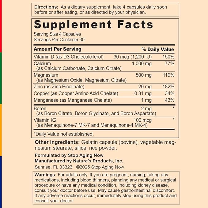Stop Aging Now - Calcium Complex Supplement - 120 Capsules - BoneTrex with Magnesium, Vitamin D, Vitamin K2 and Boron