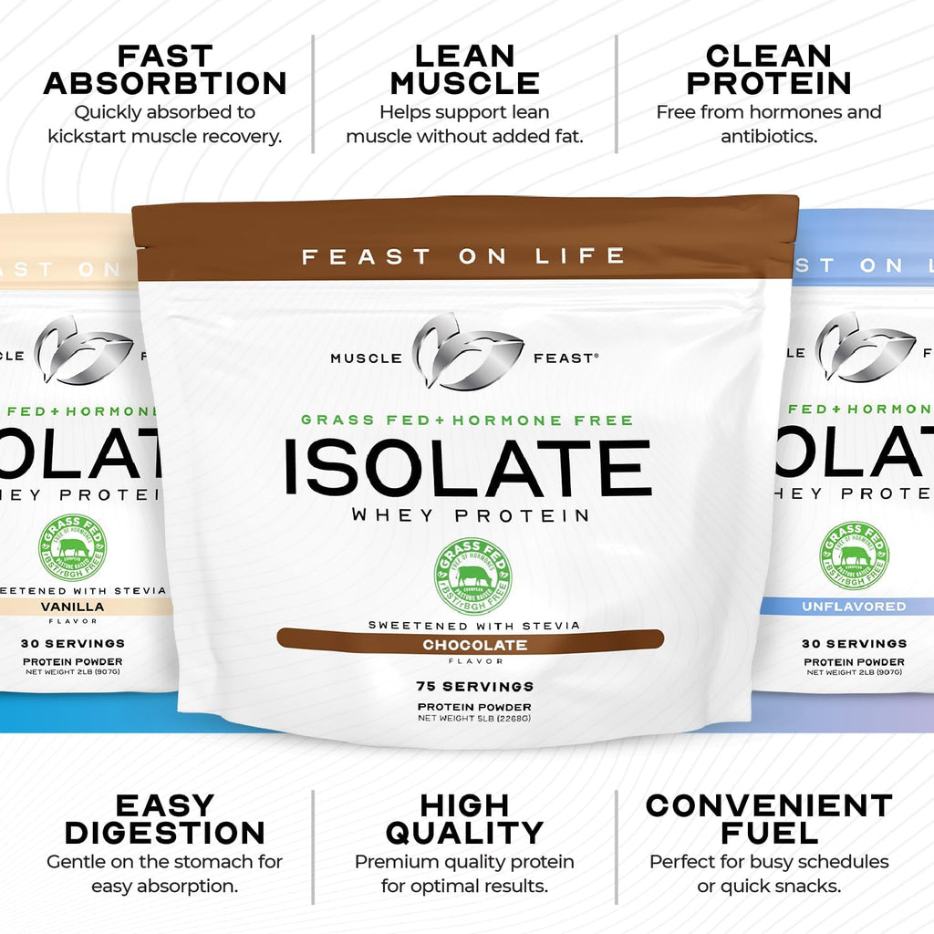 Muscle Feast Grass-Fed Whey Protein Isolate, All Natural Hormone Free Pasture Raised, Whey Isolate Protein Powder for Men and Women, Clean, Gluten-Free, Delicious Isolate Protein - Vanilla, 5lb