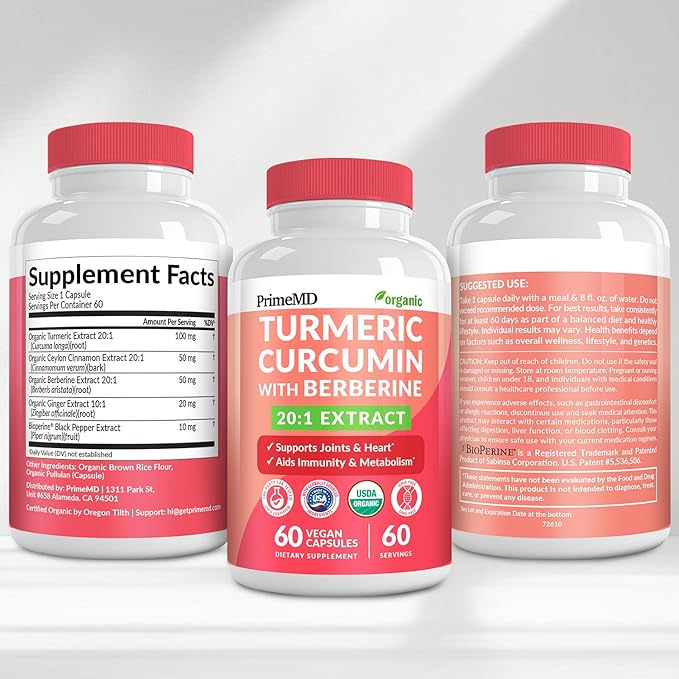 5-in-1 USDA Organic Turmeric Curcumin Supplement - 230mg with Berberine, Ceylon Cinnamon Bioperine and Ginger Supplements for Mobility, Digestion & Wellness Support, USDA Organic, 60 Servings, 1-Pack