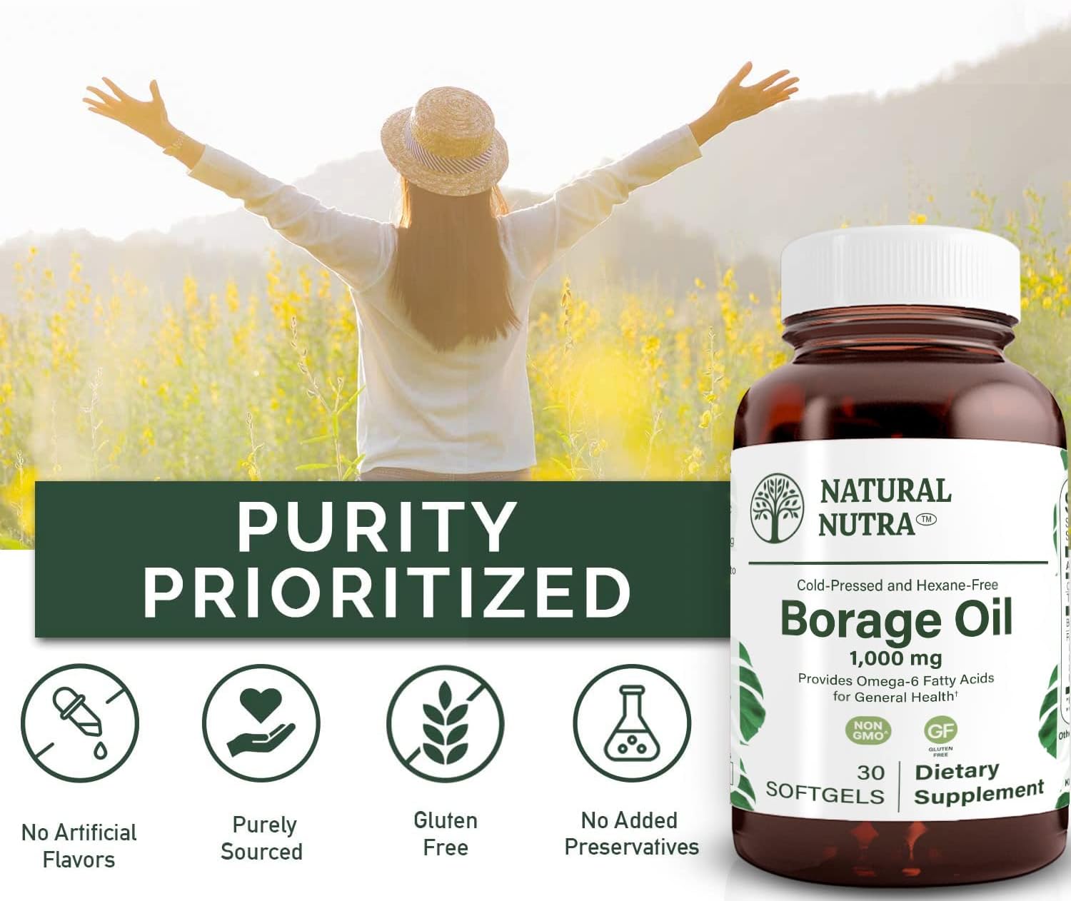 Natural Nutra Borage Oil, Maintain Skin Health, Support Heart Health, Improves Nerve Health, Help Reduce Pimple, Help Overcome Joint Pain, Omega 6 Essential Fatty Acids Supplement 30 Soft gels.