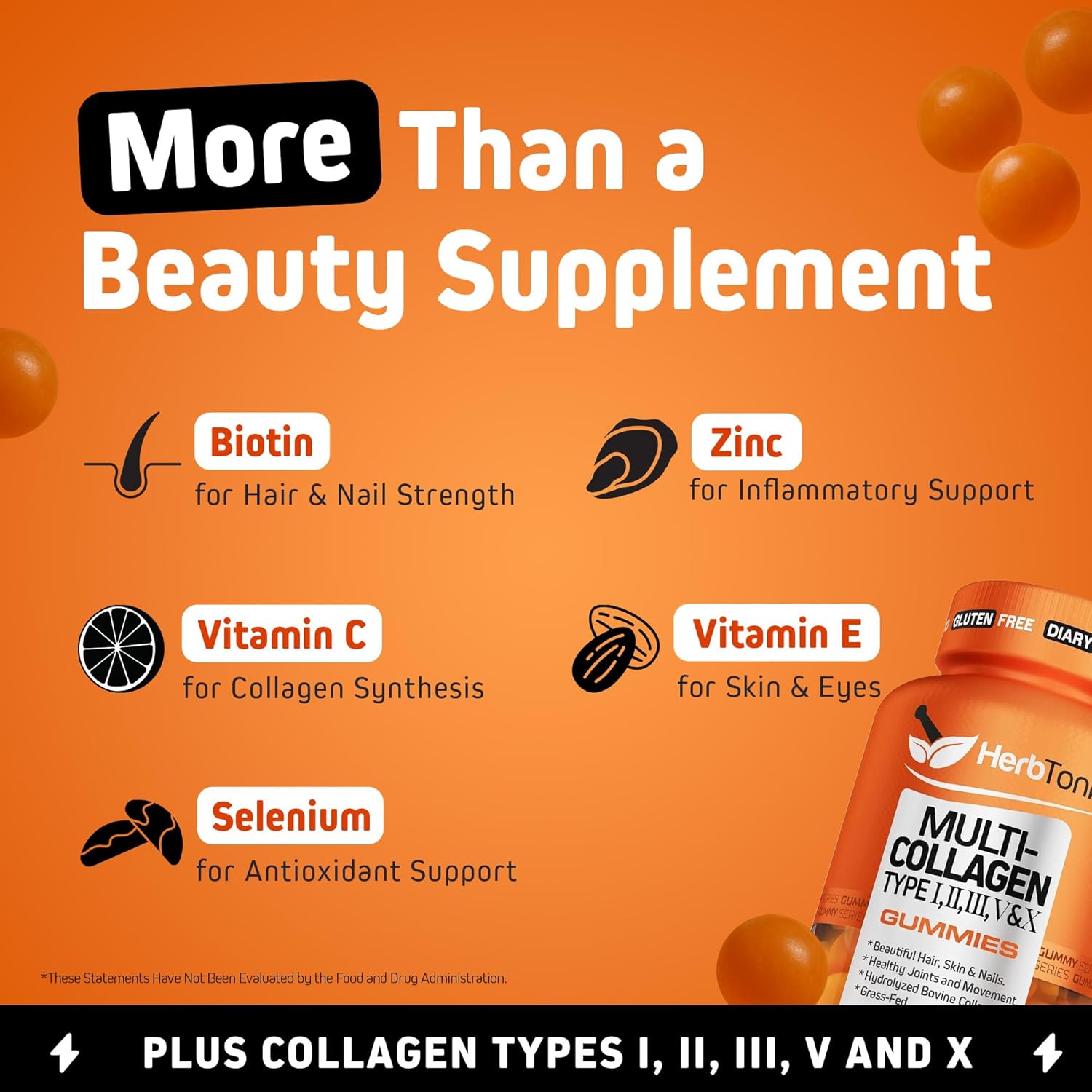 Herbtonics Multi Collagen Gummies with Biotin & Vitamin C, Hydrolyzed Collagen Peptides Types I, II, III, V, X for Hair, Skin, Nails, & Bone Support - Tropical Flavor, 60 Gummies