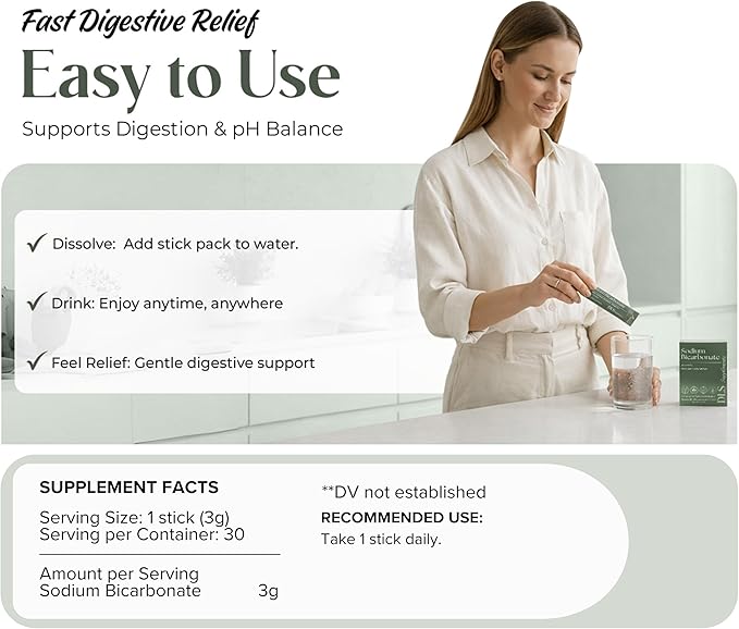DLS Sodium Bicarbonate Supplement – Pure Organic Powder Sticks 3g Each, 30 Single-Serve Sachets – Vegan, Gluten Free, Non-GMO, Premium Dietary Supplement for Digestive Support & pH Balance, Fitness
