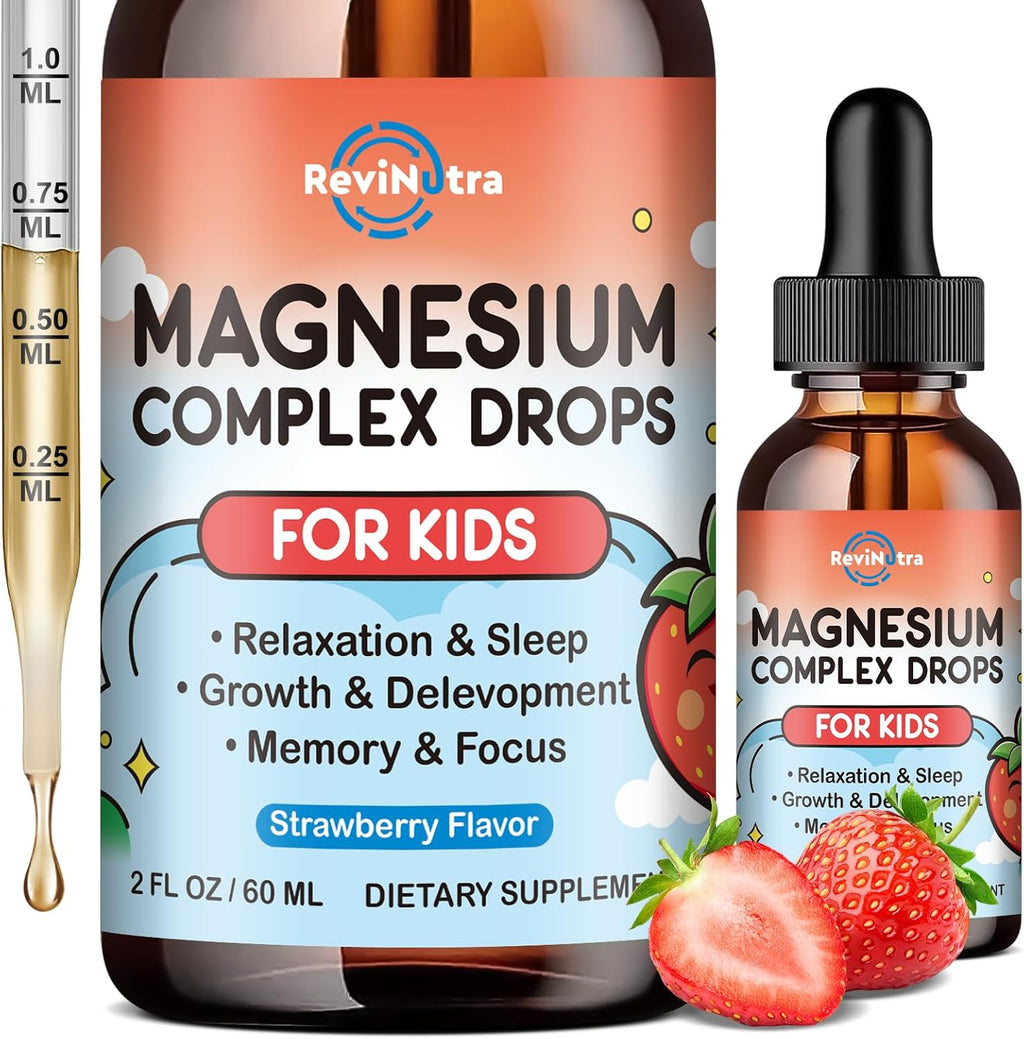 Magnesium Glycinate Liquid for Kids, Kids Magnesium Drops with L-Theanine, Calcium, Zinc, Vitamin D3 K2 for Sleep, Calm, Mood, Relaxation, Focus, Brain, Bones, Strawberry Flavor 2 Fl Oz