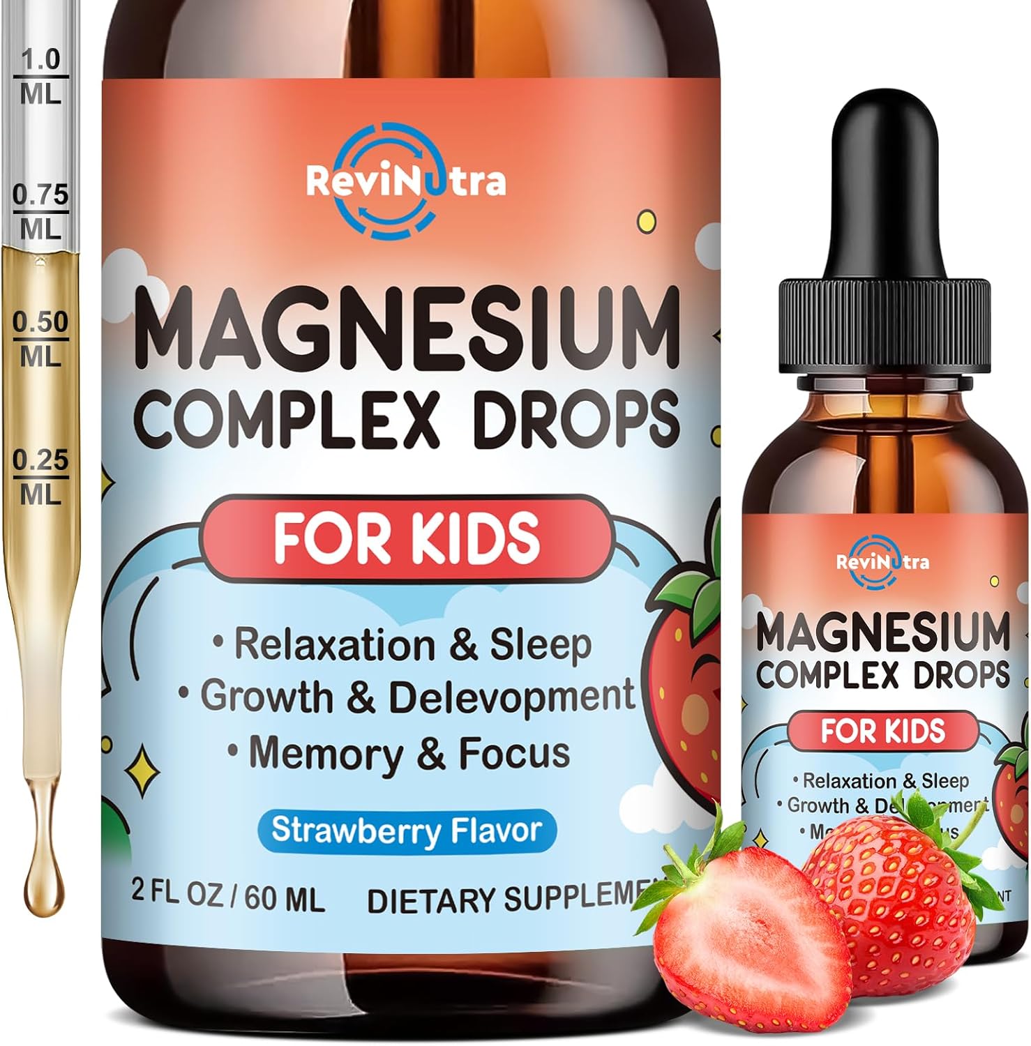 Magnesium Glycinate Liquid for Kids, Kids Magnesium Drops with L-Theanine, Calcium, Zinc, Vitamin D3 K2 for Sleep, Calm, Mood, Relaxation, Focus, Brain, Bones, Strawberry Flavor 2 Fl Oz