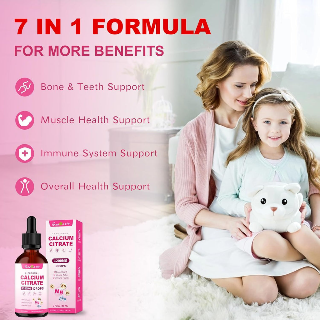 Liposomal Liquid Calcium Citrate Drops 1200MG, Liquid Calcium Magnesium Zinc Supplement for Women & Kids, with Vitamin C, D3 & K2, Boron, Bone & Muscle Health, Immune & Overall Support, 2 Fl Oz