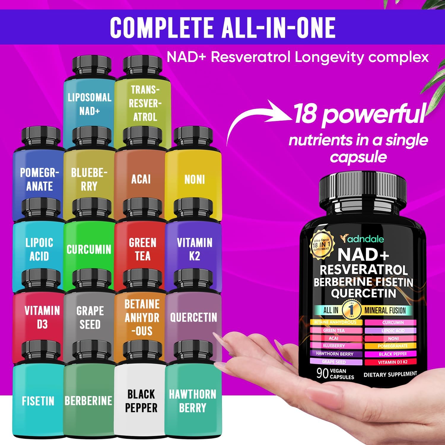 Adndale NAD Supplement, Longevity Formula with NAD, Trans Resveratrol, Quercetin, Betaine Anhydrous, Grape Seed, Fisetin, 180 Capsules