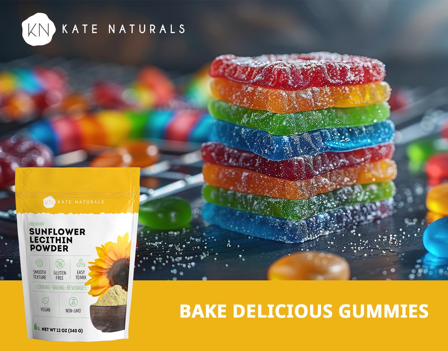 Kate Naturals Sunflower Lecithin Powder for Baking Bread, Gummies, Cooking. Substitute for Soy Lecithin Powder (12 oz, Non-GMO)