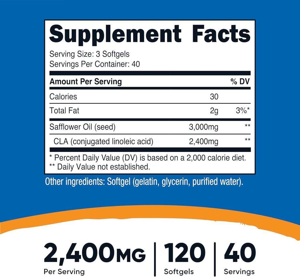 Nutricost CLA (Conjugated Linoleic Acid) 2,400mg, 120 Softgels - Gluten Free, Non-GMO, 800mg Per Softgel