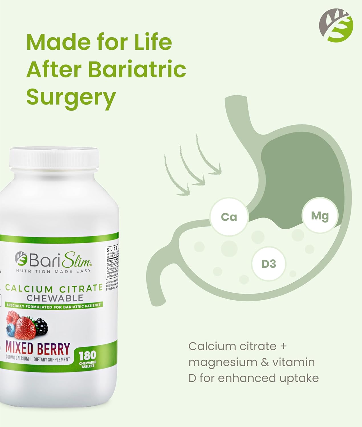 BariSlim Bariatric Calcium Citrate with Magnesium and Vitamin D Tabs - 500 mg of Calcium Citrate Per Serving - Formulated for Patients After Weight Loss Surgery | Mixed Berry (90 Servings)