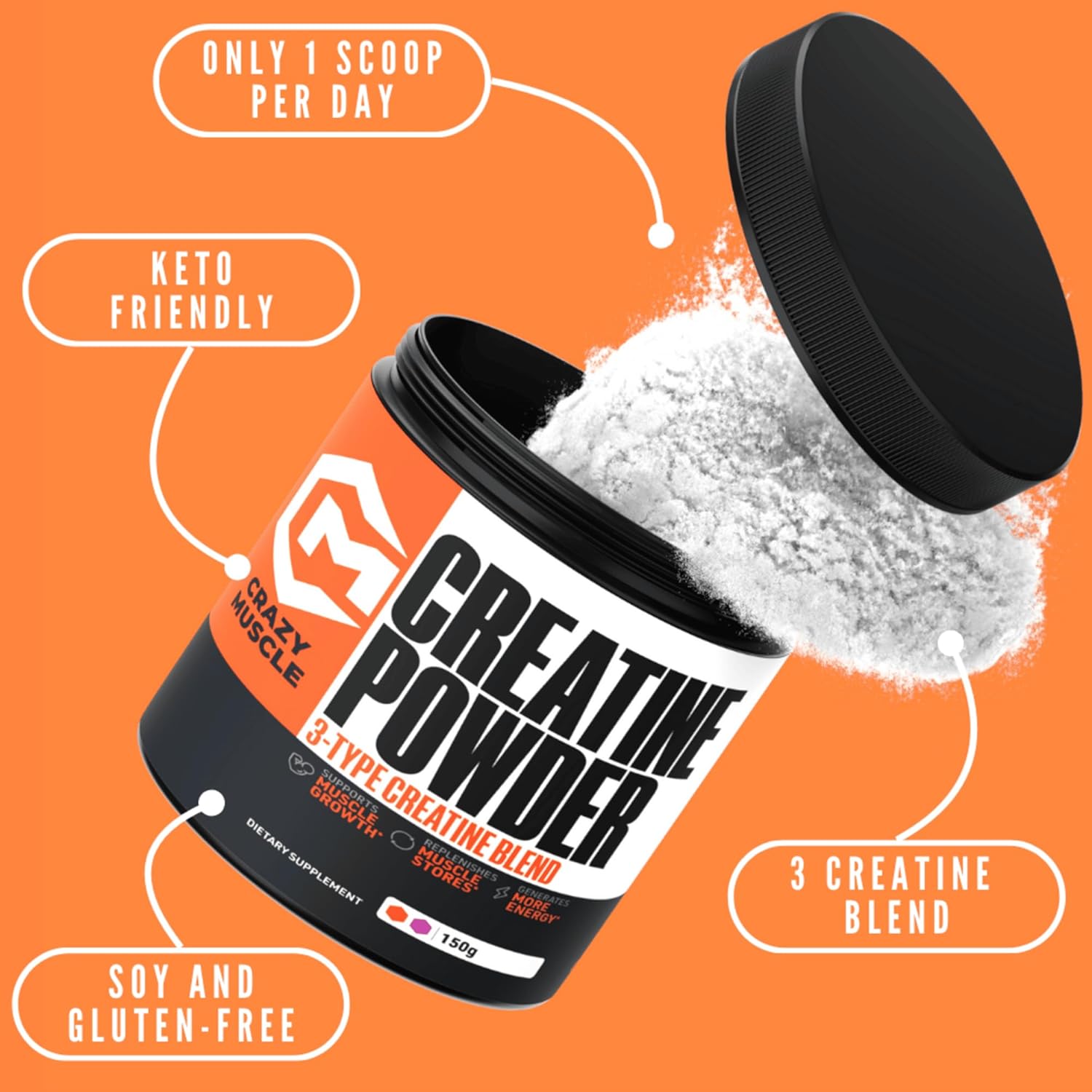 Crazy Muscle Creatine Monohydrate Powder, 5000mg Premium 3X ThreeAtine Pre Workout Mass Gainer, High Absorption Easy to Take Powder Optimum Performance for Men & Women, 30 Servings
