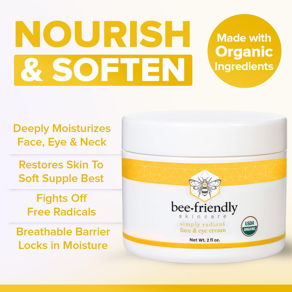 BeeFriendly Organic Face and Eye Cream, USDA Certified Organic Facial Moisturizer, All In One Natural Face, Eye, Neck, Decollete Cream Reduces Wrinkles & Lines, 6 oz (3 Jars in a box)