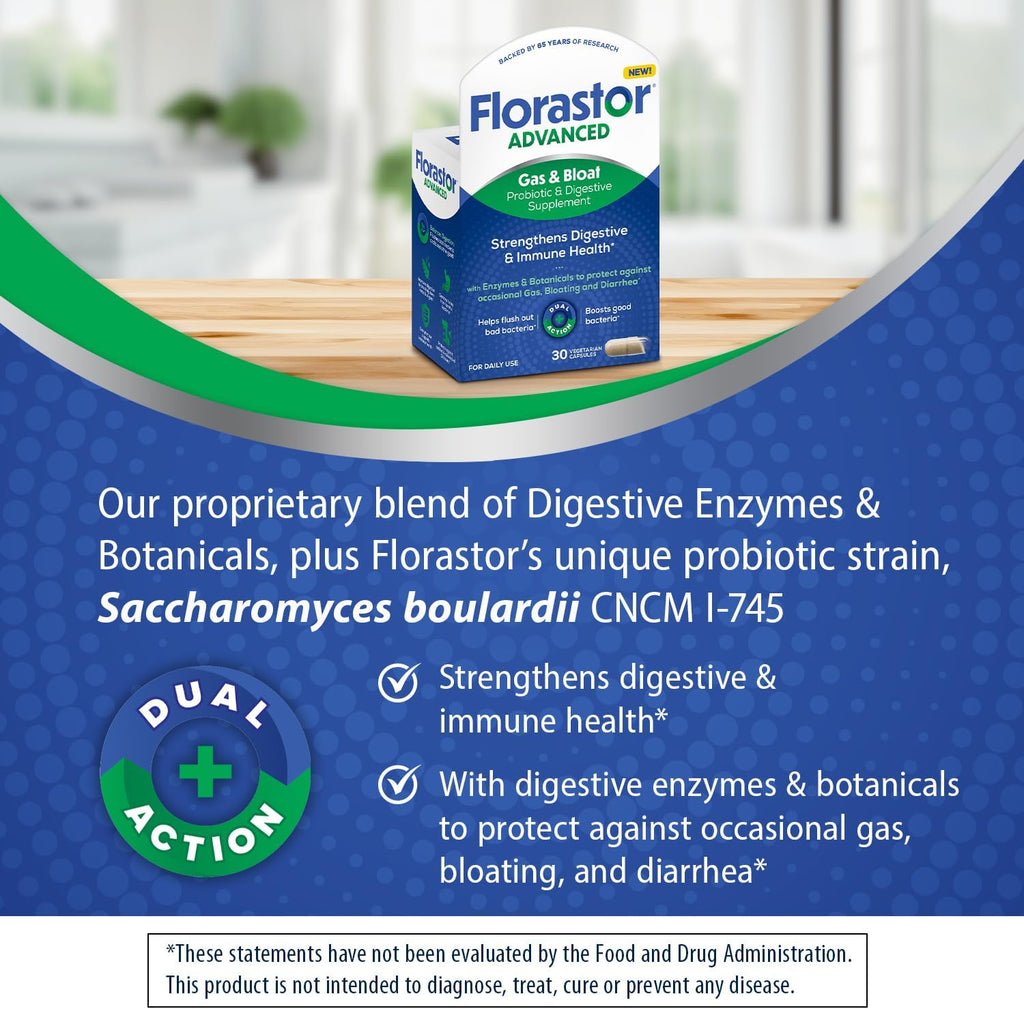 Florastor Advanced Gas and Bloat Probiotic, Digestive Enzymes and Botanicals, Plus Probiotics for Digestive Health, 30 Capsules (Pack of 2)