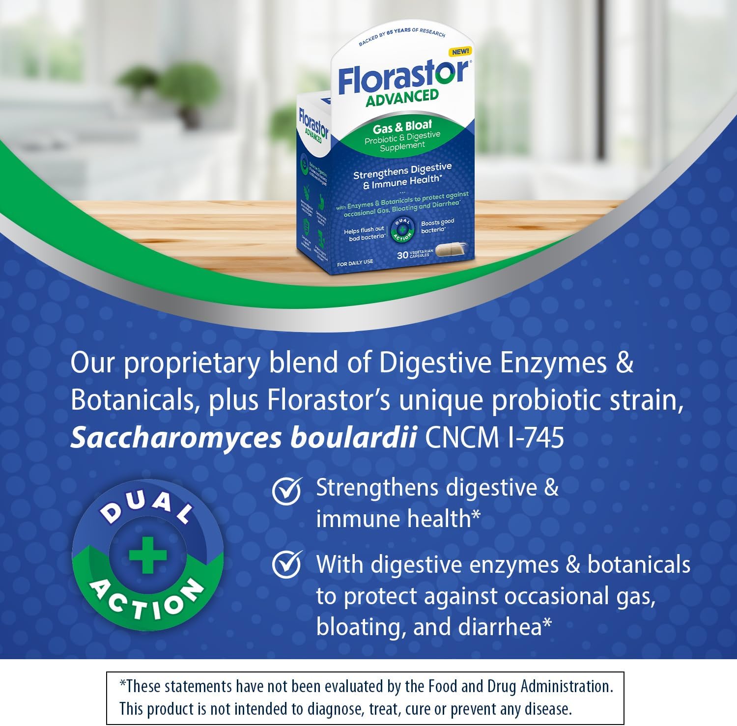Florastor Advanced Gas and Bloat Probiotic, Digestive Enzymes and Botanicals, Plus Probiotics for Digestive Health, 30 Capsules (Pack of 2)