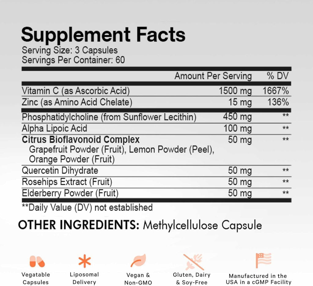 Codeage Liposomal Vitamin C 1500mg with Zinc, Elderberry, Citrus Bioflavonoids Grapefruit, Lemon, Orange Powder, Quercetin & Rose HIPS Fruit – Vegan Supplement - Non-GMO, Vegan Pills, 180 Capsules