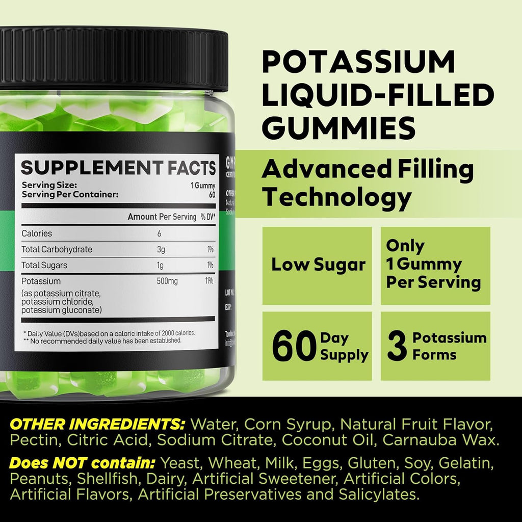 Potassium Supplement 500mg 3 in 1 Complex Gummies, Chewables with Potassium Citrate Chloride Gluconate, Extra Strength Blend, 60 Count