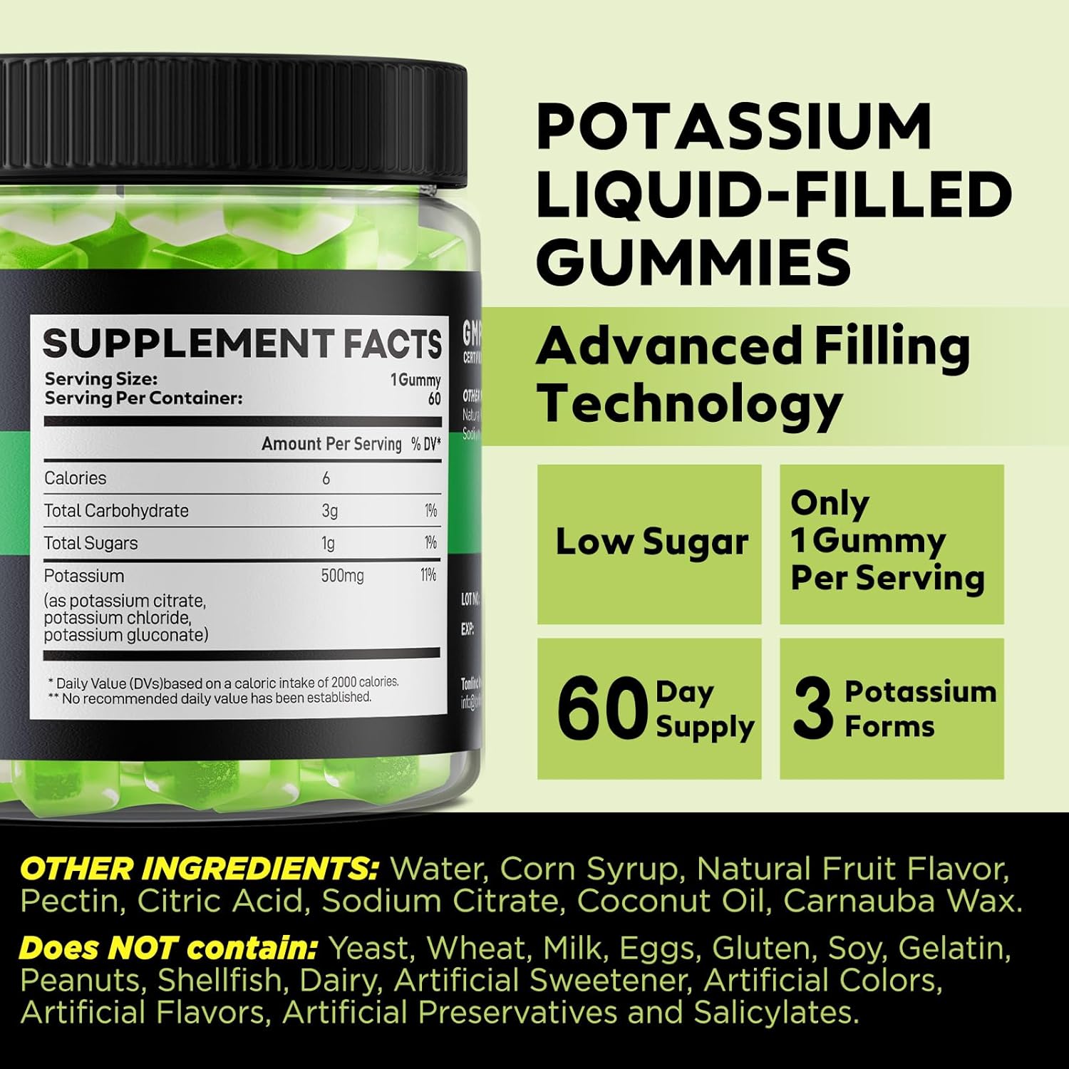 Potassium Supplement 500mg 3 in 1 Complex Gummies, Chewables with Potassium Citrate Chloride Gluconate, Extra Strength Blend, 60 Count