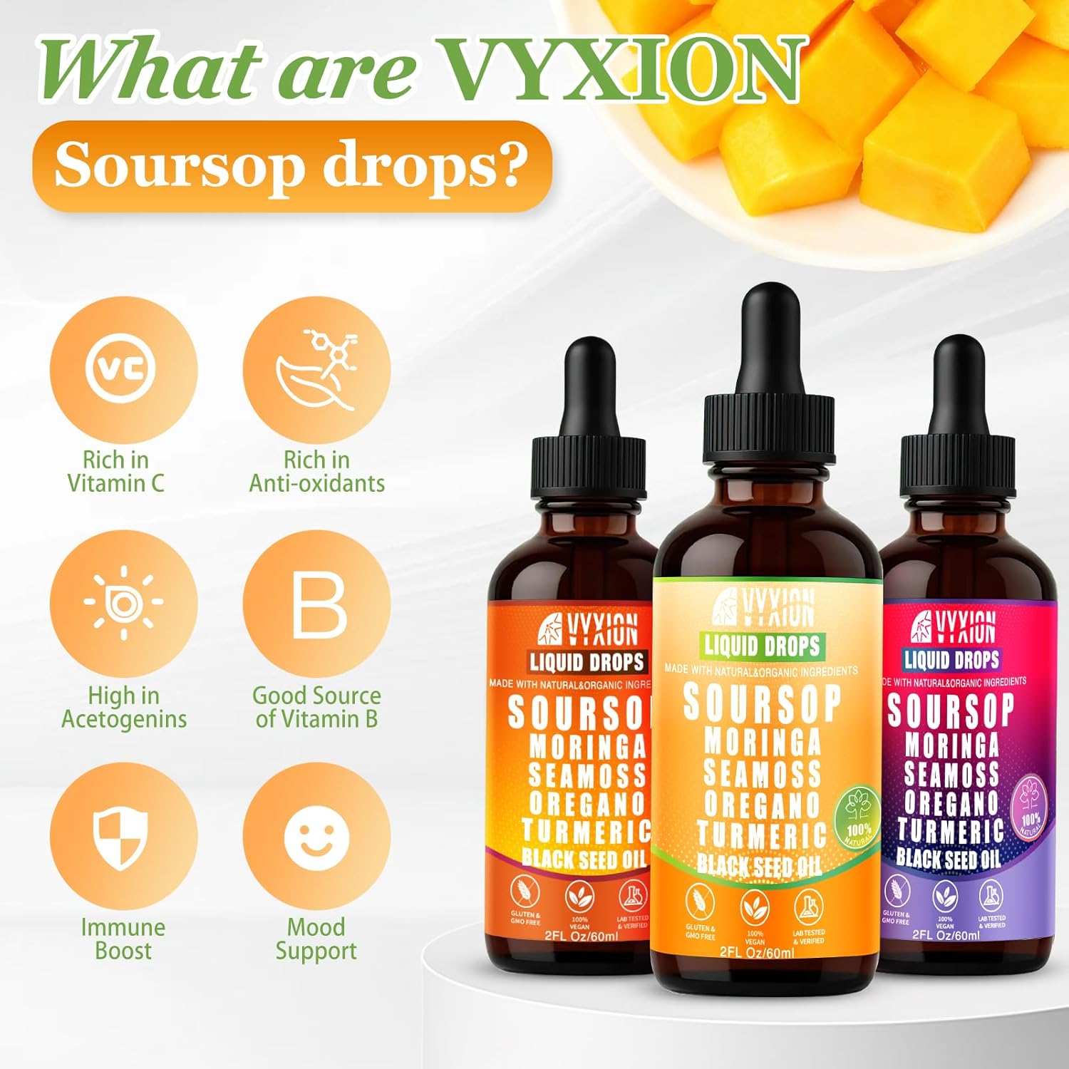Soursop Bitters Liquid Drops 10 in 1 with Sea Moss, Moringa, Turmeric, Black Seed Oil, Oregano, Ashwagandha | Herbal Extracts for Overall Health-Enhancing | Vegan, Non-GMO | 2 Fl Oz(Mango flavor)