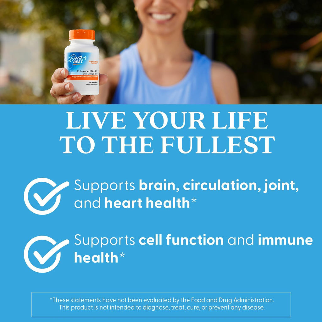 Doctors Best Enhanced Wild Caught Antarctic Krill (Superba2) Plus Omega-3s, Supports Heart & Brain Health, Non-GMO, Gluten Free 60 Softgels